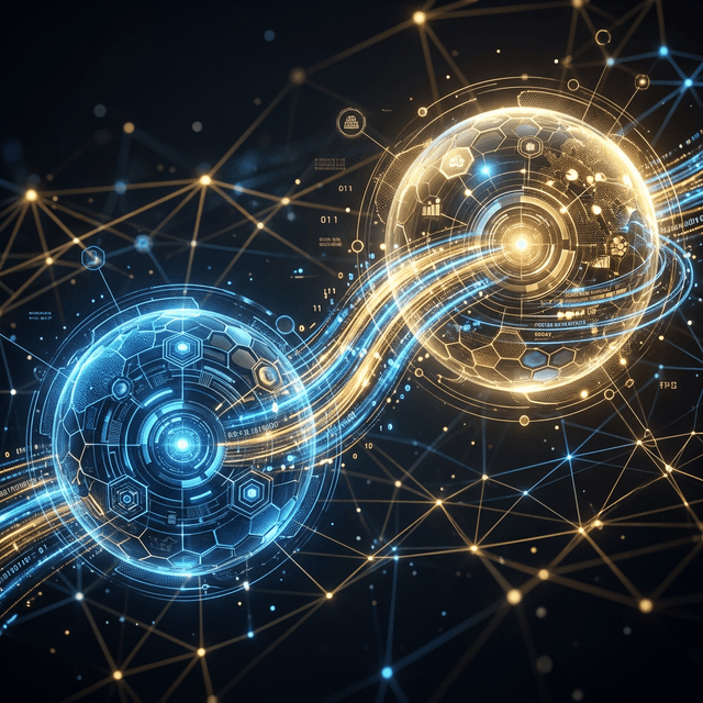 Glowing 3D Concept Art of a Hybrid Cloud Network Data Transfer